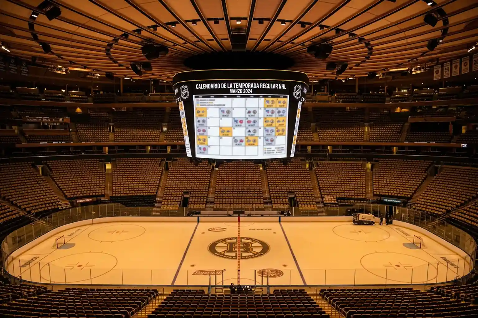 Arena de hóquei no gelo com calendário de temporada visível no ecrã gigante central